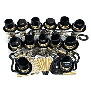 Crown Display New Years Eve Party Supplies 2026 I 250 Pcs I Black and Gold Top Hats Tiaras Bead Necklace Noise Makers I 2026 New Years Decorations Happy New Year Decorations 2026 Bulk Party Favors