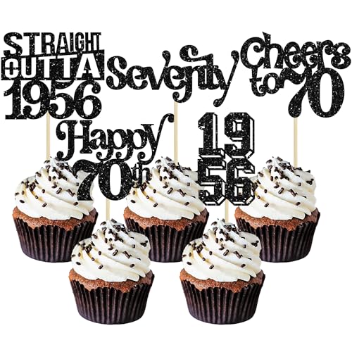 Gyufise 30Pcs Straight Outta 1956 Cupcake Toppers Glitter Seventy Happy 70th Birthday 70 Fabulous Cupcake Picks Cheers to 70 Years for 70th Birthday Wedding Anniversary Party Supplies Black