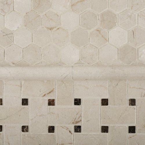 Crema Marfil Polished Basketweave Mosaic Tile W/ Emperador Dark Dots - Box Of 5 Sq. Ft. #TOP5