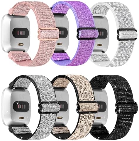 6 Pack Bands Compatible with Fitbit Versa 2 / Fitbit Versa/Versa Lite/Versa SE, Stretchy Nylon Solo Loop Sport Replacement Wristbands Straps for Fitbit Versa 2 Smart Watch Women Men