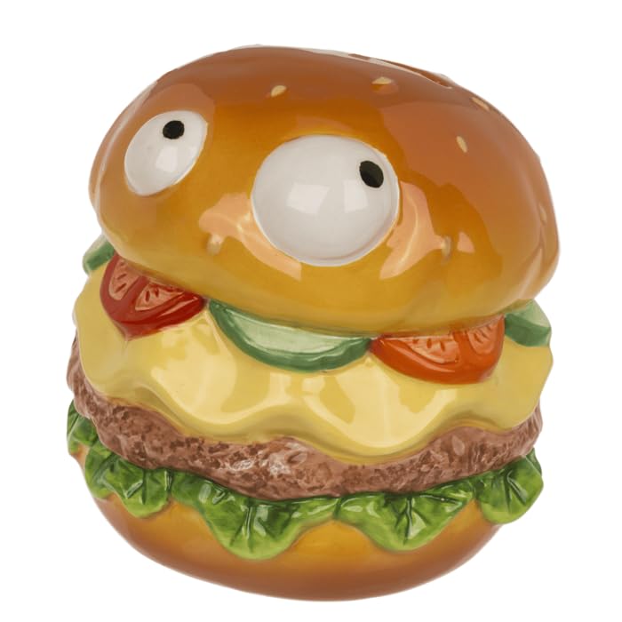 Hucha Hamburguesa de Cerámica con Ojos, Diseño Divertido, con Cerradura, 12 x 11 cm, en Caja de Regalo