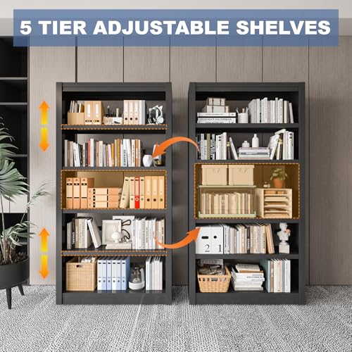 Image of VASAAOSD Metal Bookshelf, Adjustable Black Bookcase, 5 Tier, 61 inch Tall | Sturdy Metal, Adjustable, Toolless Easy Assembly Book shelves, For Home Office, Living Room, Bedroom, Library