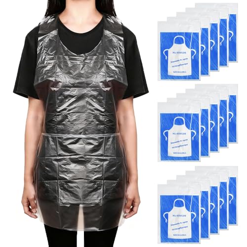 WEFHEF 100PCS Delantales Desechables, Delantal de Plastico PE 98x60 cm,Impermeables,Transparente,Antimanchas, Baberos Desechables Adultos para Pintar, Cocinar, Hornear y Jardinería y Peluquería