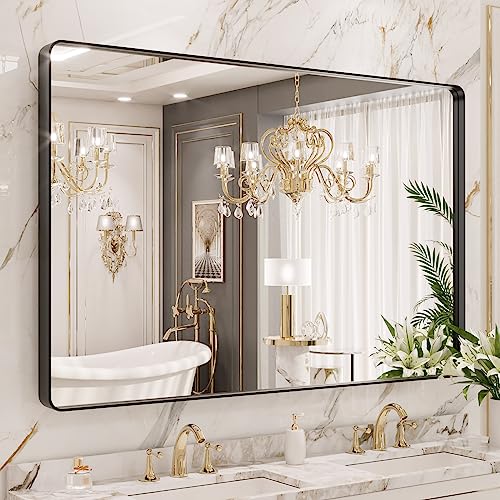 LOAAO 55X36 Inch Black Metal Framed Bathroom Mirror for Wall, Matte Black Bathroom Vanity Mirror Farmhouse, Large Rounded Rectangle Mirror, Anti-Rust, Tempered Glass, Hangs Horizontally or Vertically