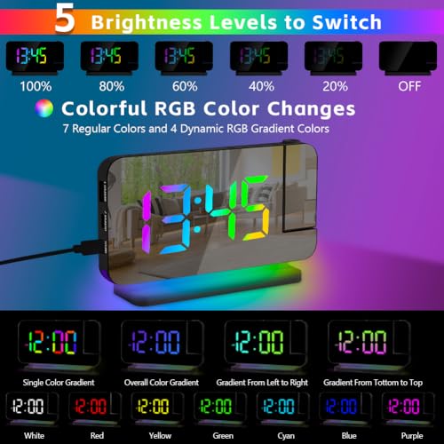 Adiwo Projection Alarm Clock, Digital Alarm Clock, LED Clock with 180° Rotating Projector, 7.4 Inch LED Mirror Clock - Image 4