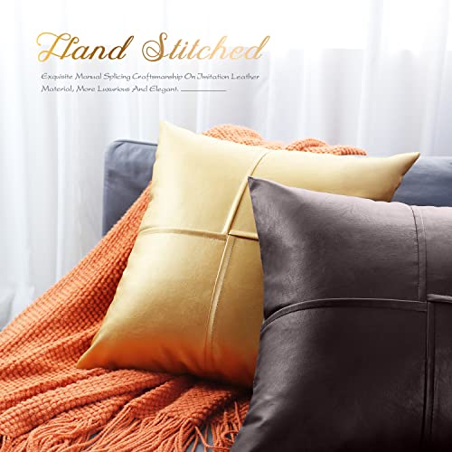 Image of BRAWARM Faux Leather Throw Pillow Covers 18 X 18 Inches, Brown Leather Pillow Covers Pack of 2, Hand Stitched Leather Decorative Throw Pillows for Couch Sofa Bed Living Room Home Garden