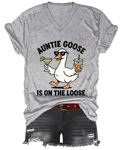 Auntie Goose is On The Loose Shirt, Auntie Tshirt, Goose On The Loose V-Neck Tshirt Grey