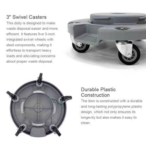 Trash Can Dolly | Heavy-Duty Plastic | 5 Casters | Foot Stabilizer | 460 Lb. Capacity - Thumbnail 6