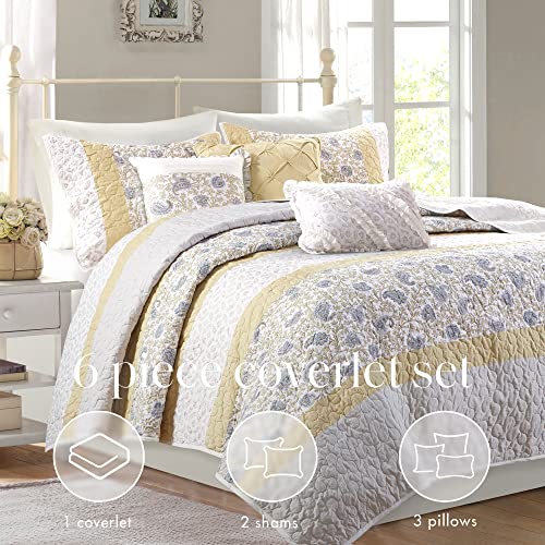 Madison Park 100% Cotton Quilt Set Floral Print, Double Sided Stitching, All Season, Lightweight Coverlet Shabby Chic Bedding Layer, Matching Shams, Full/Queen, Yellow 6 Piece #TOP1