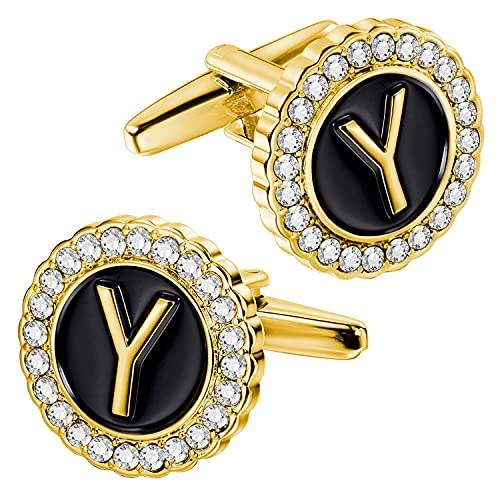 HAWSON A-Z Initial Cufflinks for Men and Women with Clear Crystal, 18K Gold Rasied Letter A-Z Cuff Links for French Shirt, Gift for Normal and Business Wearing