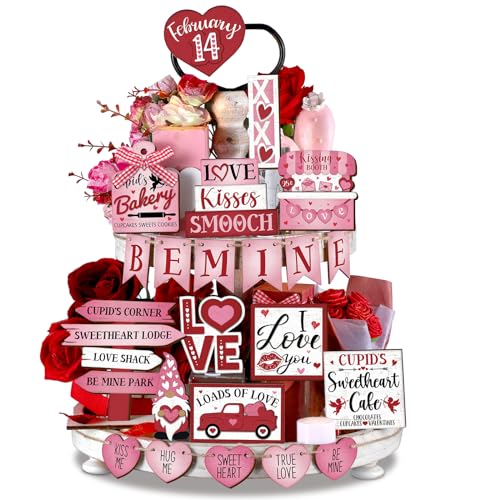 Ferraycle 24 Pcs Valentine Tiered Tray Decorations Farmhouse Gnome Heart Wooden Table Sign Rustic Tiered Tray Decorations for Home Decor