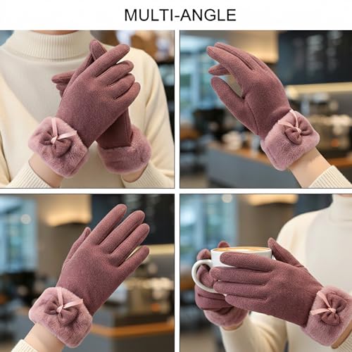 Image of Kraptick Women's Winter Woolen Gloves - Premium Thermal Fleece Lined Touchscreen Hand Warmer Gloves for Cold Weather, Cycling & Driving Soft Fur Cable Knit Elastic Mittens (Free Size, Purple Bow)-6
