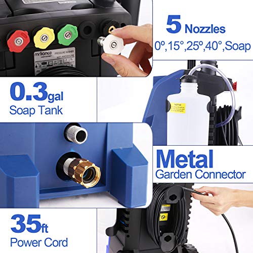 mrliance 3800PSI Electric Pressure Washer 2000W 3GPM High Pressure Power Washer Car Washer with Hose Reel, 5 Adjustable Nozzles, Soap Bottle (Blue)