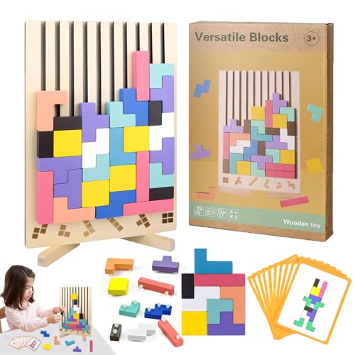 Tetris Holzpuzzle Kinder, Holz Tetris Stapelpuzzle Spielzeug mit 10 Karten,...