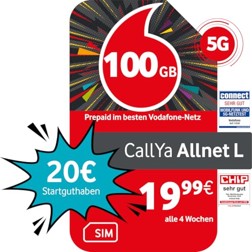 Vodafone Prepaid CallYa Allnet L | 100 GB | 20 EUR Startguthaben | ohne Vertrag | 5G-Netz | Telefon- SMS-Flat | EU-Roaming
