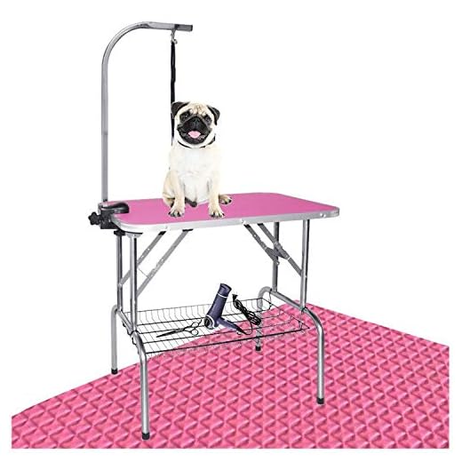 LEIBOU Pet Dog Grooming Table Foldable Grooming Table Heavy Duty Stainless Steel Frame with Arm & Noose & Mesh Tray for Dog Cat Pet Grooming Pink(32" x 20" x 30'')
