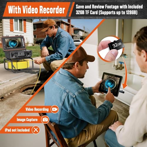 Image of OnBeam Sewer Camera Self Leveling, Drain Camera 80ft with Meter Counter, 9 inch HD 1080p Plumbing Cameras with 12 LED Lights, Waterproof IP68 & 32GB DVR, Sewer Line Cameras (30M)