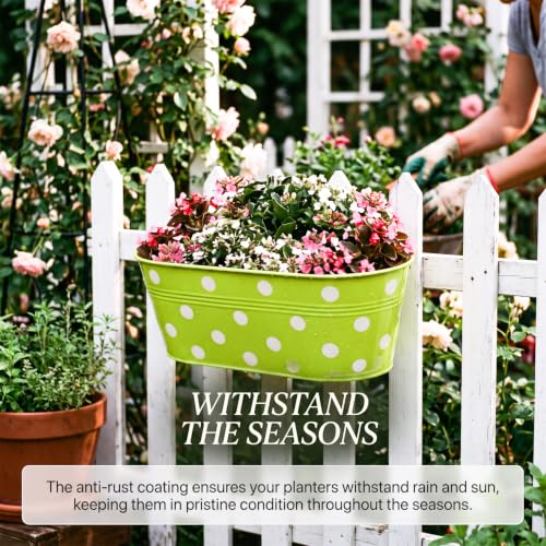 Image of TrustBasket Dotted Oval Railing Planter Basket - Green (Set of 5) | Heavy-Duty UV Stabilized Metal Flower Pots for Railings, Fence & Balcony, Indoor Outdoor Herb, Flower & Decorative Plants