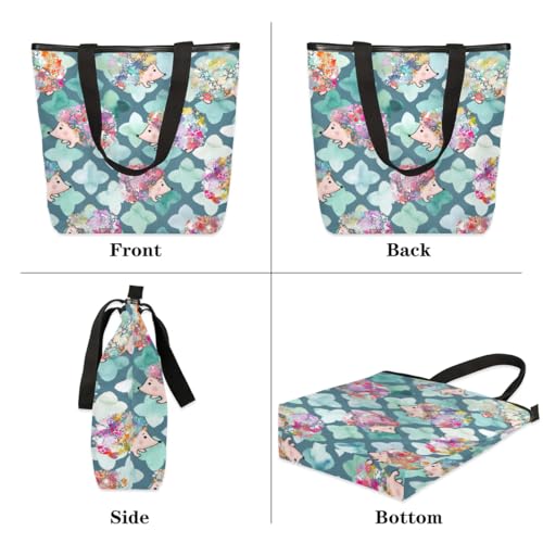 Watercolour Flower Hedgehog Canvas Tote Bag with Zipper and Pockets Canvas Tote Shopping Bag Women Reusable Grocery Bag for Beach Travel Gym Shopping3