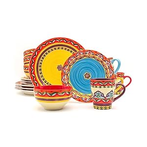 Euro Ceramica EC-GAL-1001 Galicia Collection Andalusian-Inspired 16 Piece Dinnerware Set, Vibrant Assorted Patterns, Multicolor