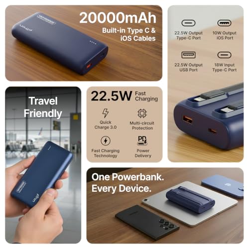 Image of pTron 20000mAh Powerbank w / 22.5W Fast Charging, USB & Type C Output, Built-in Cables, Compatible w /Power Delivery, Quick Charge for iPhone, Android Mobile & Tablets, Dynamo Storm (Indigo Blue)