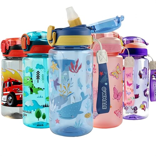 MHwan Botella Agua Niños, 600 ML, Robusta, a Prueba de Fugas, Sin BPA, con Apertura de un Solo Toque, Fácil de Limpiar, con Pajita, Ideal para La Colegio y el Exterior (Ballena)