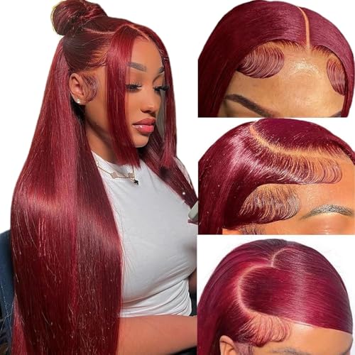 FishQueen 18 Inch 99j Burgundy Lace Front Wigs Human Hair 13x6 HD Red Burgundy Wig Human Hair 180 Density Wine Red Straight Lace Front Wigs Pre Plucked Glueless Frontal Wigs for Women