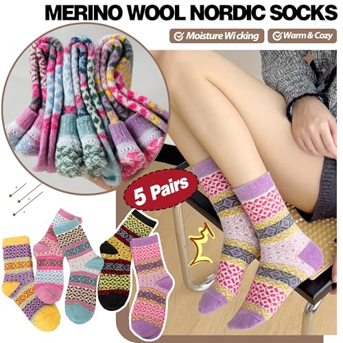 Image of Sandsuced 5 Pack Merino Wool Boot Hiking Socks for Women Warm Winter Thick Thermal Cozy Work Soft Ladies Socks