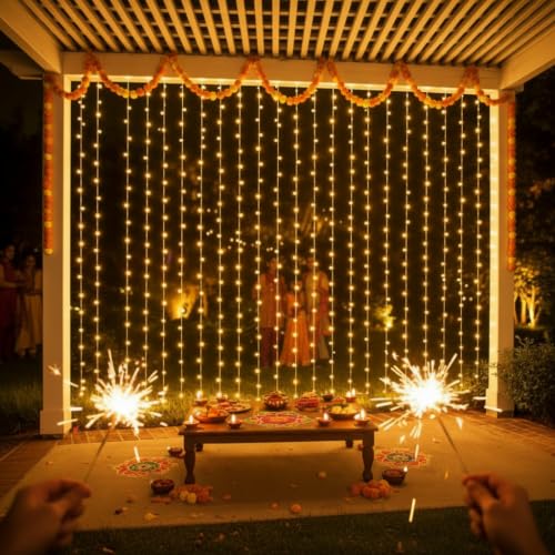 Image of MIRADH 180 LED 9.8 Feet Window Curtain String Light Wedding Party Home Garden Bedroom Diwali Lights for Decoration, Diwali Lights for Home (Warm-White Led Curtain 3M x 3M)