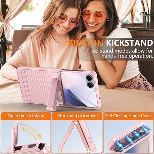 Magnetic for Samsung Galaxy Z Flip 7 Case Hinge ProtectionKickstandCompatible with MagSafeBuilt in Screen Protector Full Body Military Protection Phone Case for Samsung Z Flip 7 Pink