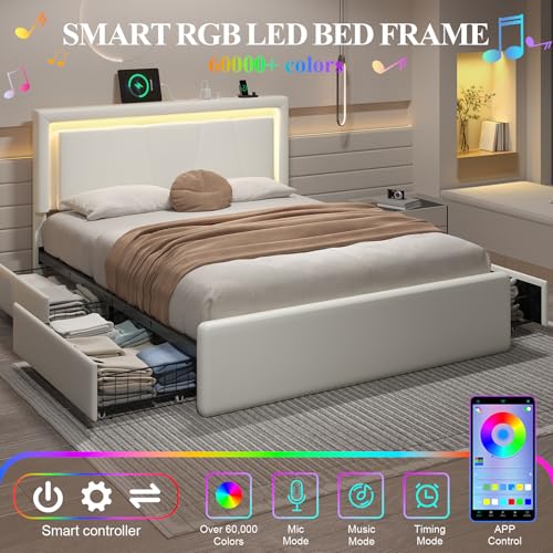 Image of Queen Size Bed Frame with 4 Storage Drawers, Upholstered Headboard, White