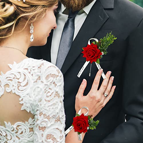 Campsis Wedding Corsage Boutonniere Set Red Rose Flower Wrist Men's Buttonholes Lace Wrist Bracelet Bride Bridal Bridesmaid Decor Engagement Prom Dinner Party Decor For Women And Girls #TOP3