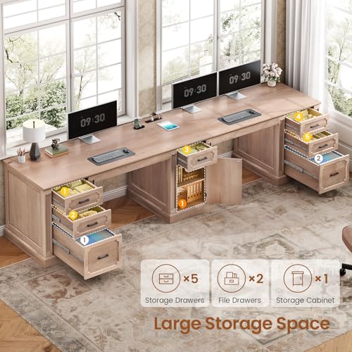 Image of SEDETA Farmhouse 110.3 inch Two Person Desk with 7 Drawers, Long Computer Desk with Storage Cabinet, 2 Person Desk with Power Outlets for Home Office, Oak
