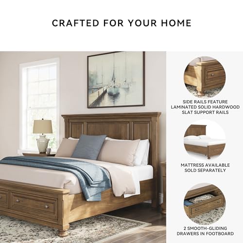 Image of Signature Design by Ashley King Platform Bed with Storage, Brown | King size storage bed frame, Chestnut brown, 2 footboard drawers, No box spring required, Glarrison Series