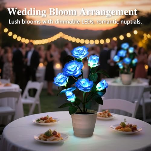 Image of Artificial Blue Rose Flower Lamp LED Lights, Flower Table Lamp for Bedroom Bar Coffee Shop Wedding Valentines Mothers Day Birthday Christmas - Unique Gifts for Women Her Girlfriend Wife Mom
