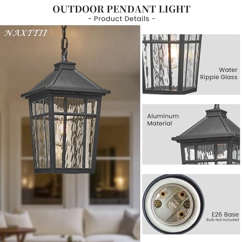 Image of Large Outdoor Pendant Lights for Porch 15.2 Inch Dusk to Dawn Black Hanging Porch Lights Outdoor Waterproof Exterior Hanging Light Fixture with Adjustable Chain E26 Socket