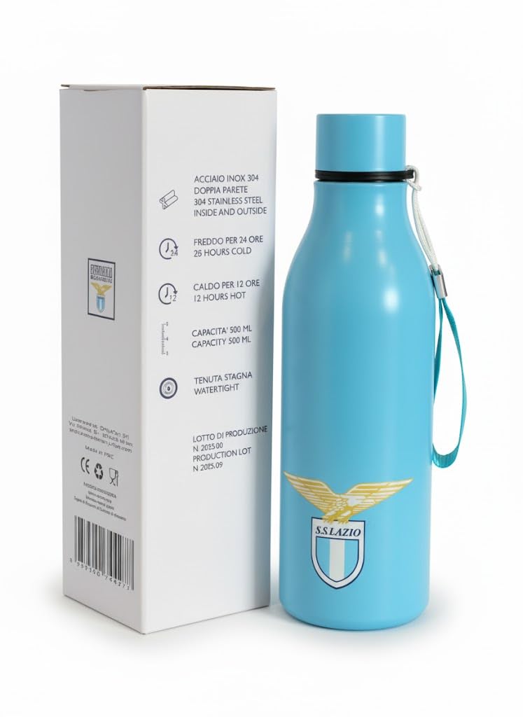 Only4fan S.r.l. Borraccia termica in Acciaio Doppia Parete con laccetto SS Lazio prodotto ufficiale