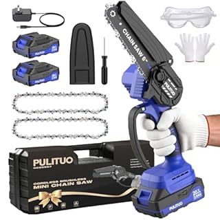 PULITUO Mini Tronçonneuse Sans Fil 6" Moteur Brushless, avec 2 Batteries 2.0Ah & 2 Chaînes, Scie à Chaine Portable et Sûre pour Taille des Arbres et Jardin ﻿