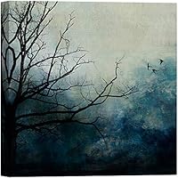 SIGNWIN Canvas Wall Art Birds Flying in The Twilight Blue Sky with a Tree Silhouette Nature Oil Painting Abstract Contemporary Dramatic Dark for Living Room, Bedroom, Office - 12x12 inches
