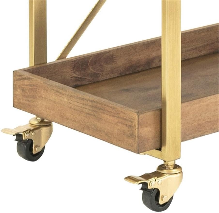 Pemberly Row Wooden Kitchen Bar Cart, Gold Brushed Metal Frame, Rolling Design with Locking Wheels, 250 lb Capacity, Modern Style Storage and Serving Cart for Home or Office Use