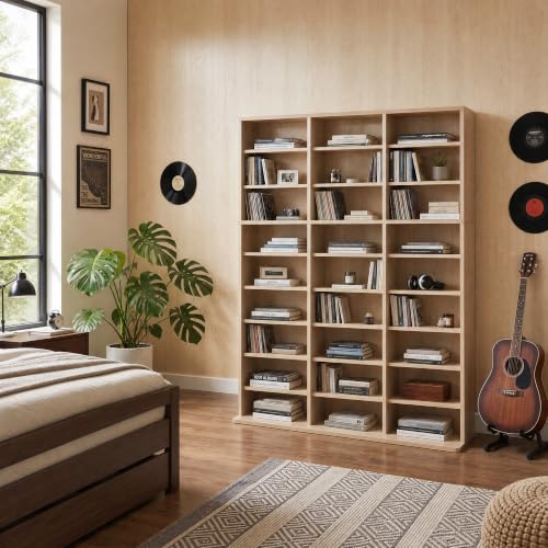 Image of Garvee 9 Tier Tall CD Display Cabinet, 27-Compartment Media Tower, Natural