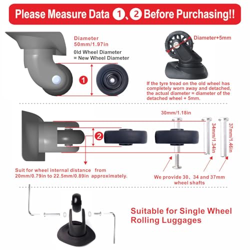 50 * 15mm/1.97 * 0.59-inch Luggage Wheels Replacement, 4 pcs TPE Suitcase Replacement wear-resistant and quiet luggage replacement wheels includes drill bit and three size of axle2