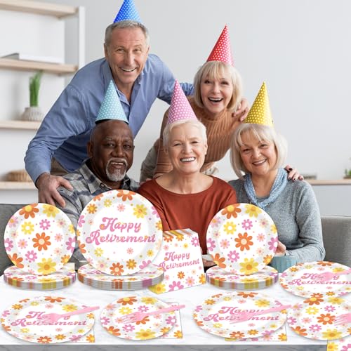 Image of 96Pcs Retirement Party Supplies Happy Retirement Plates and Napkins Colorful Daisy Flower Tableware Set Floral Disposable Dinnerware for Women Goodbye Going Away Farewell Party Decorations 24 Guests