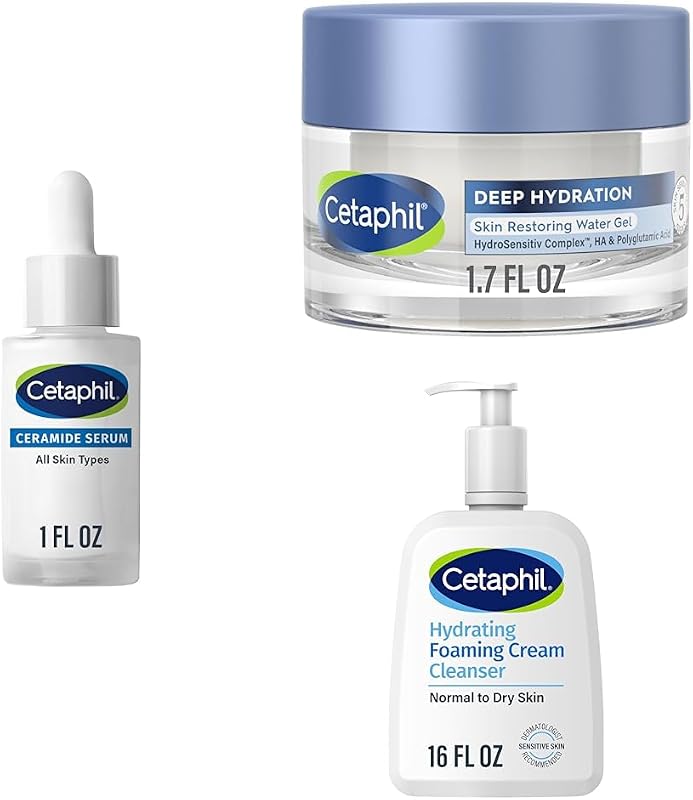 Suero de ceramida Cetaphil, probado por dermatólogos, 1 oz + hidratante facial de gel de agua restaurador de la piel de hidratación profunda, para pieles sensibles secas y deshidratadas, 1.7 oz + lavado facial de crema a espuma, 16 oz, paquete