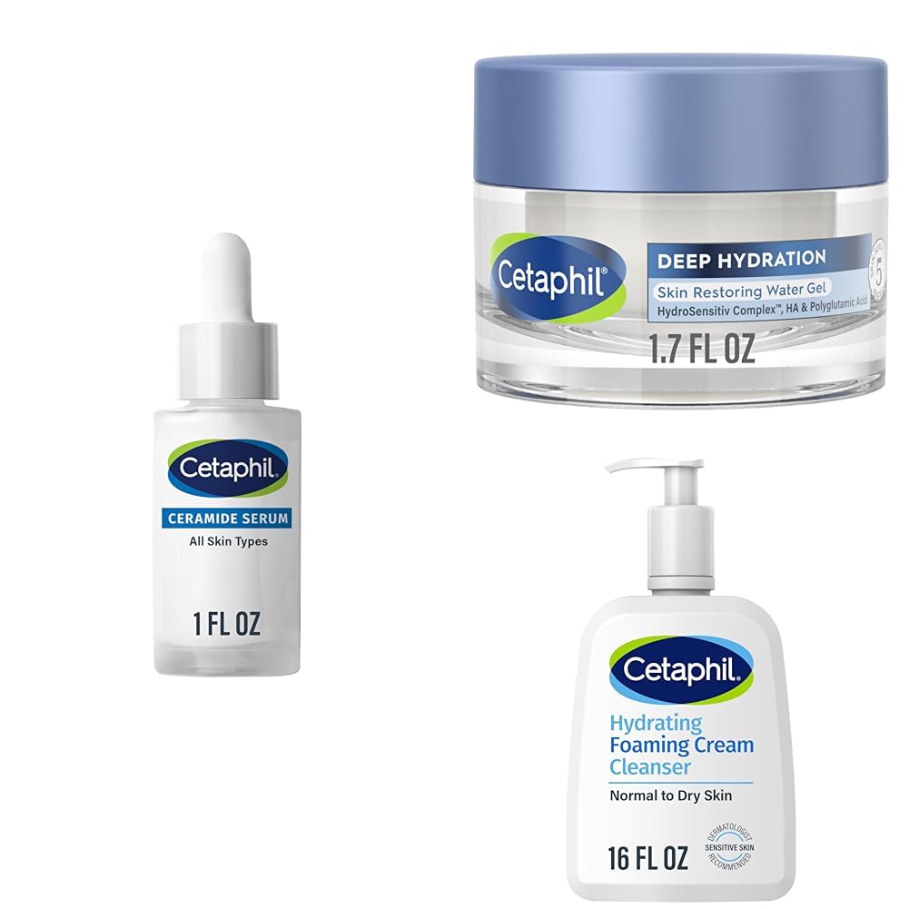 Suero de ceramida Cetaphil, probado por dermatólogos, 1 oz + hidratante facial de gel de agua restaurador de la piel de hidratación profunda, para pieles sensibles secas y deshidratadas, 1.7 oz + lavado facial de crema a espuma, 16 oz, paquete