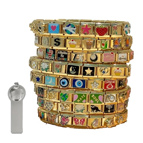 Gold Italian Bracelet, Custom Gold Italy Charms, Personalized Bracelet, Italian Charm Bracelet and Opening Tools, 9mm Modular Charms Link Handmade DIY Jewelry Gifts - Main Image