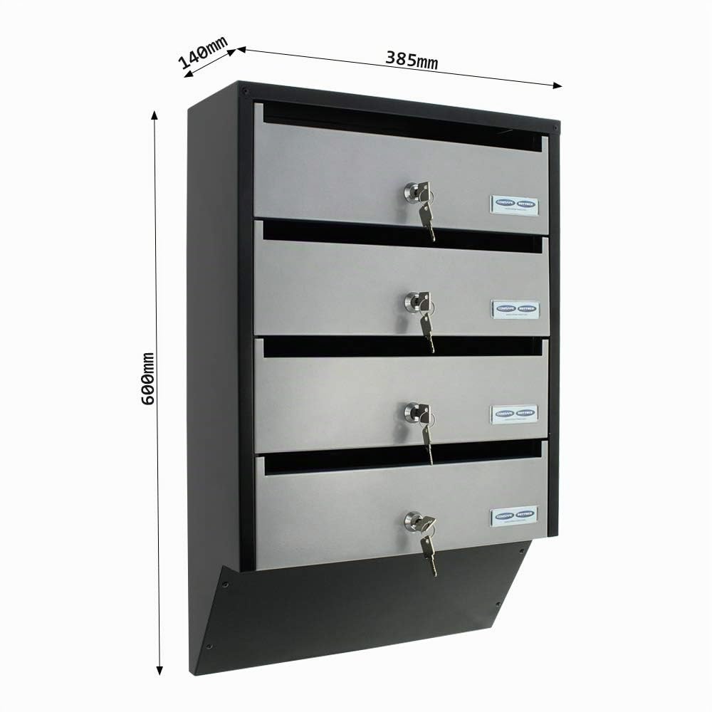 Rottner Depot - Sistema de 4 buzones de acero plateado y negro, cerradura de cilindro, 2 llaves cada una