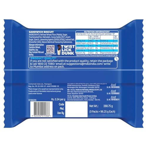 Image of Cadbury Oreo Chocolate Flavour Cream Sandwich Biscuit Family Pack, 275.55 g (Pack of 2)