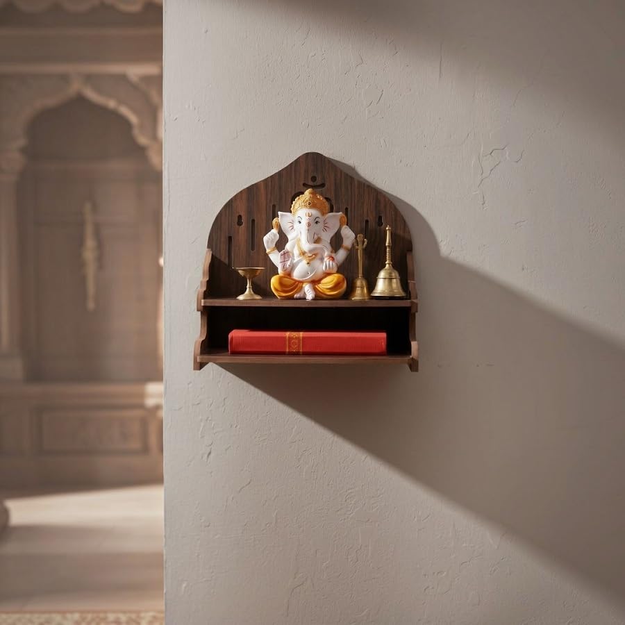 Dark Walnut Wooden Temple Shelf for Home | Om Cutwork 2-Tier Wall Mounted/Tabletop Pooja Rack/Mandir with Storage Drawer-image-0