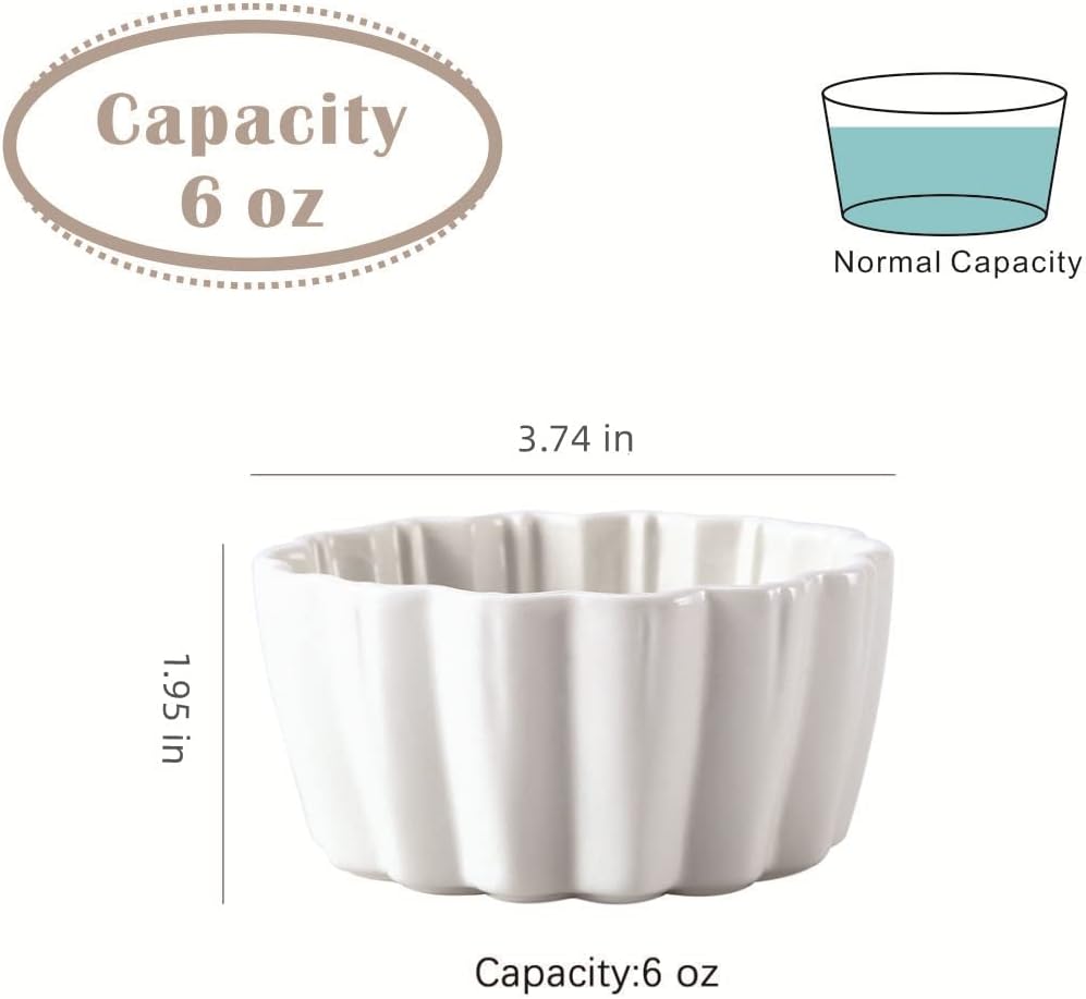 Ceramic Ramekins 6 oz - Creme Brulee,Souffle Porcelain Ramekins oven-safe,Pudding Custard Cups for Baking,Dishwasher and microwave safe,cute-shaped,6 piece set,white